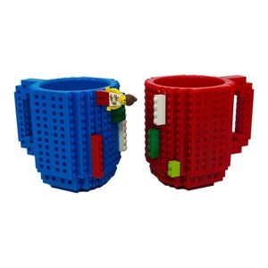 2 Add To Build-Able Blocks Bricks Mug Cup‎ Blue Plastic Fits Legos Not Included